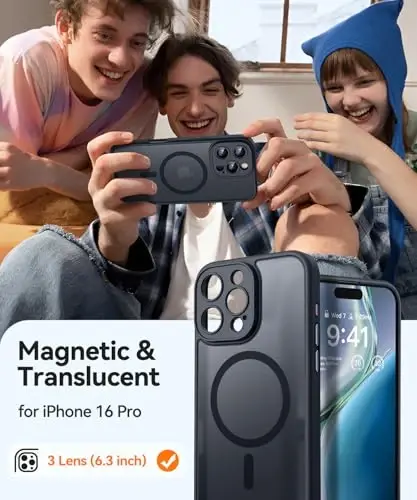 CANSHN Magnetic Compatible with iPhone 16 Pro Case, Upgraded [Full Camera Protection] [Compatible with Magsafe] [Translucent Matte] Shockproof Protective Phone Case Cover 6.3 Inch - Black - CANSHN (1)