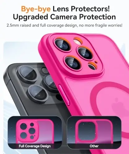 CANSHN Magnetic Compatible with iPhone 16 Pro Case, Upgraded [Full Camera Protection] [Compatible with Magsafe] [Translucent Matte] Shockproof Protective Phone Case Cover 6.3 Inch - Hot Pink - 5