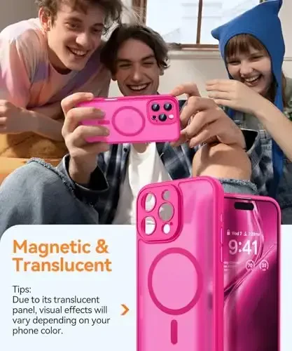 CANSHN Magnetic Compatible with iPhone 16 Pro Case, Upgraded [Full Camera Protection] [Compatible with Magsafe] [Translucent Matte] Shockproof Protective Phone Case Cover 6.3 Inch - Hot Pink - 3