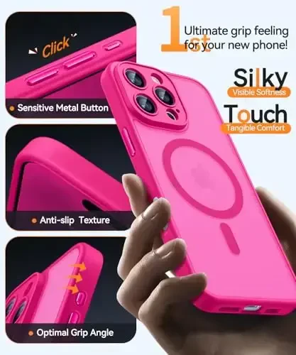 CANSHN Magnetic Compatible with iPhone 16 Pro Case, Upgraded [Full Camera Protection] [Compatible with Magsafe] [Translucent Matte] Shockproof Protective Phone Case Cover 6.3 Inch - Hot Pink - 6