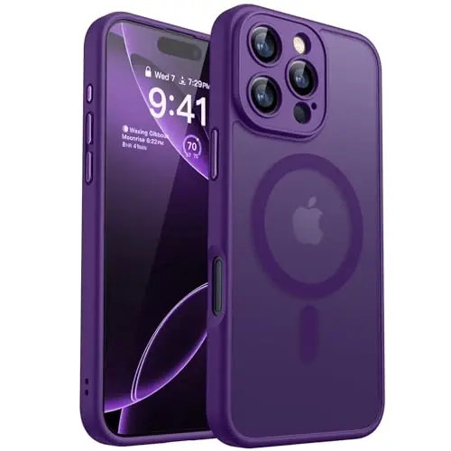 CANSHN Magnetic Compatible with iPhone 16 Pro Case, Upgraded [Full Camera Protection] [Compatible with Magsafe] [Translucent Matte] Shockproof Protective Phone Case Cover 6.3 Inch - Deep Purple 