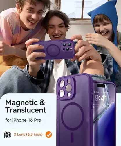 CANSHN Magnetic Compatible with iPhone 16 Pro Case, Upgraded [Full Camera Protection] [Compatible with Magsafe] [Translucent Matte] Shockproof Protective Phone Case Cover 6.3 Inch - Deep Purple - 2
