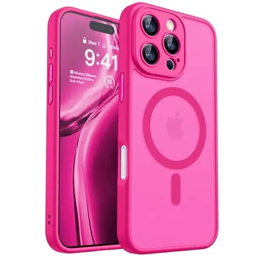 CANSHN Magnetic Compatible with iPhone 16 Pro Max Case, Upgraded [Full Camera Protection] [Compatible with Magsafe] [Translucent Matte] Shockproof Protective Phone Case Cover 6.9 Inch - Hot Pink 