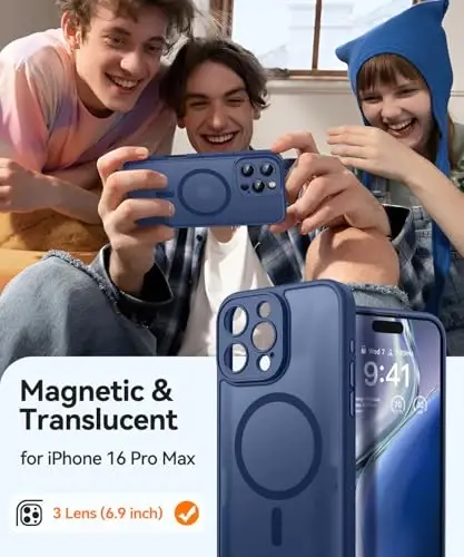 CANSHN Magnetic Compatible with iPhone 16 Pro Max Case, Upgraded [Full Camera Protection] [Compatible with Magsafe] [Translucent Matte] Shockproof Protective Phone Case Cover 6.9 Inch - Deep Blue - 2