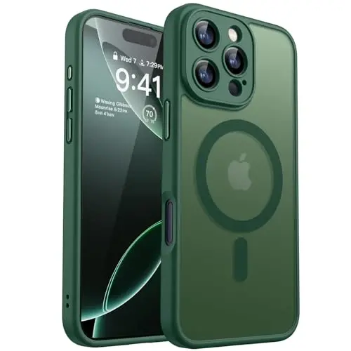CANSHN iPhone 16 Pro Max uchun magnit mos keladigan g'ilof, yangilangan [To'liq kamera himoyasi] [Magsafe bilan mos keladi] [Yarim shaffof mat] Zarba o'tkazmaydigan himoya telefon g'ilofi qopqog'i 6,9 dyuym - To'q yashil 