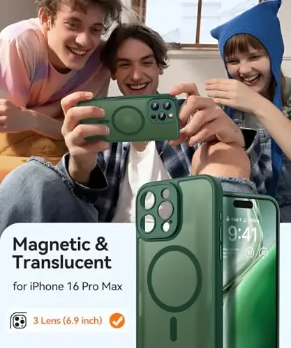 CANSHN iPhone 16 Pro Max uchun magnit mos keladigan g'ilof, yangilangan [To'liq kamera himoyasi] [Magsafe bilan mos keladi] [Yarim shaffof mat] Zarba o'tkazmaydigan himoya telefon g'ilofi qopqog'i 6,9 dyuym - To'q yashil - 2