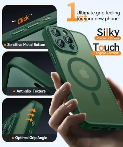 CANSHN iPhone 16 Pro Max uchun magnit mos keladigan g'ilof, yangilangan [To'liq kamera himoyasi] [Magsafe bilan mos keladi] [Yarim shaffof mat] Zarba o'tkazmaydigan himoya telefon g'ilofi qopqog'i 6,9 dyuym - To'q yashil - 5