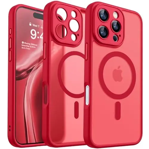 CANSHN iPhone 16 Pro Max uchun magnit mos keluvchi g‘ilof, yangilangan [To‘liq kamera himoyasi] [Magsafe bilan mos] [Shaffof mat] zarbga chidamli himoya telefon g‘ilofi 6.9 dyuym - Qizil - CANSHN