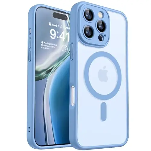 CANSHN iPhone 16 Pro Max uchun magnitli g‘ilof, yangilangan [To‘liq kamera himoyasi] [Magsafe bilan mos] [Yarim shaffof mat] Zarbadan himoya qiluvchi telefon g‘ilofi 6.9 dyuym - Ochiq moviy - CANSHN
