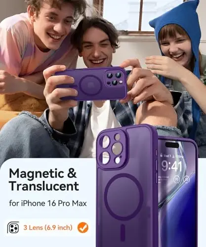 CANSHN iPhone 16 Pro Max uchun magnitli g'ilof, yangilangan [To'liq kamera himoyasi] [Magsafe bilan mos] [Yarim shaffof mat] zarbga chidamli himoya telefon g'ilofi 6.9 dyuym - To'q binafsha - 2