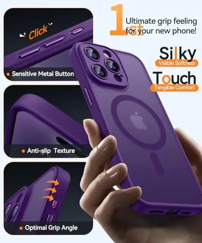 CANSHN iPhone 16 Pro Max uchun magnitli g'ilof, yangilangan [To'liq kamera himoyasi] [Magsafe bilan mos] [Yarim shaffof mat] zarbga chidamli himoya telefon g'ilofi 6.9 dyuym - To'q binafsha - 5