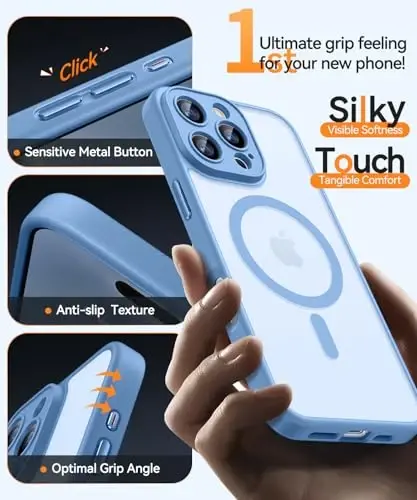 CANSHN iPhone 16 Pro uchun magnit mos keladigan g'ilof, yangilangan [To'liq kamera himoyasi] [Magsafe bilan mos keladi] [Yarim shaffof mat] Zarbadan himoya qiluvchi telefon g'ilofi 6,3 dyuym - Moviy - 6