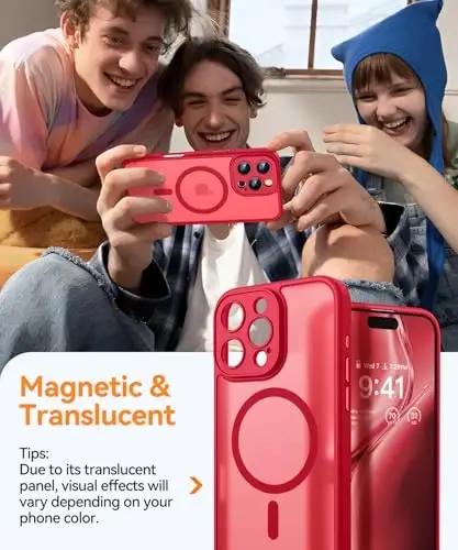 CANSHN iPhone 16 Pro uchun magnit mos keladigan g'ilof, yangilangan [To'liq kamera himoyasi] [Magsafe bilan mos] [Shaffof mat] Zarbadan himoya qiluvchi telefon g'ilofi 6,3 dyuym - Qizil - 3