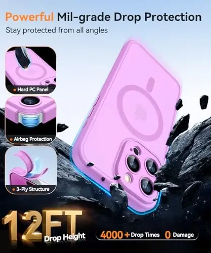 CANSHN iPhone 16 Pro uchun magnit mos keladigan g'ilof, yangilangan [To'liq kamera himoyasi] [Magsafe bilan mos] [Yarim shaffof mat] Zarba o'tkazmaydigan himoya telefon qopqog'i 6.3 dyuym - Pushti binafsha - 7