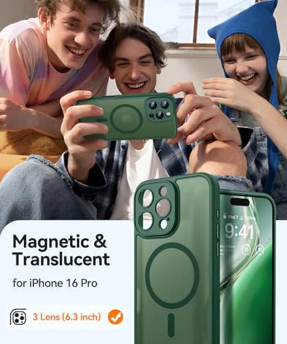 CANSHN iPhone 16 Pro uchun mos magnitli korpus, yaxshilangan [Kamera to'liq himoyalangan] [Magsafe bilan mos] [Shaffof mat] Zarbaga chidamli himoyalovchi telefon korpusi qopqog'i 6,3 dyuym - To'q yashil - 2
