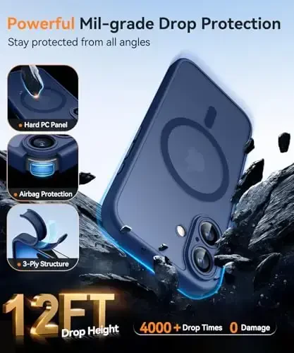 CANSHN iPhone 16 uchun magnitli gʻilof, takomillashtirilgan [Toʻliq kamera himoyasi] [Magsafe bilan mos] [Yarim shaffof mat] iPhone 16 uchun zarbga chidamli himoya telefon gʻilofi - Toʻq koʻk - 6