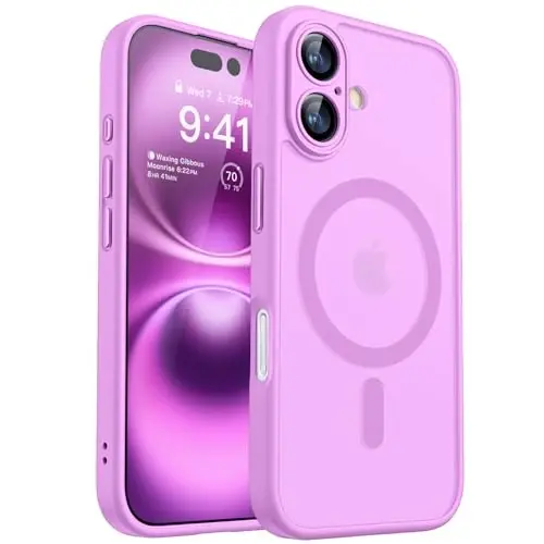 CANSHN iPhone 16 uchun magnitli gʻilof, yangilangan [Toʻliq kamera himoyasi] [Magsafe bilan mos] [Yarim shaffof mat] zarbga chidamli himoya telefon gʻilofi iPhone 16 uchun - Pushti binafsha 