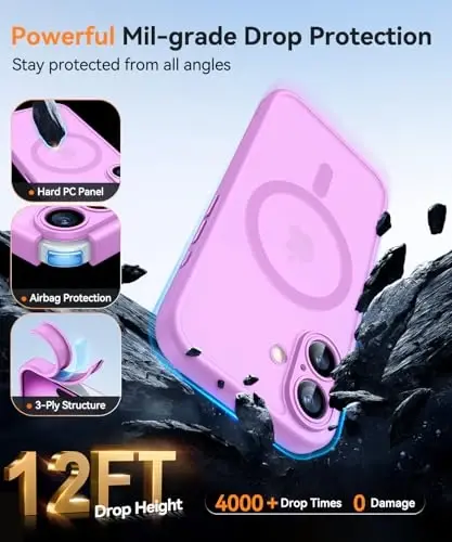 CANSHN iPhone 16 uchun magnitli gʻilof, yangilangan [Toʻliq kamera himoyasi] [Magsafe bilan mos] [Yarim shaffof mat] zarbga chidamli himoya telefon gʻilofi iPhone 16 uchun - Pushti binafsha - 7