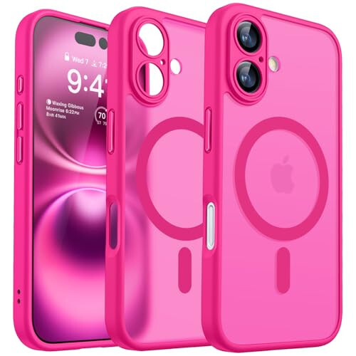 CANSHN iPhone 16 учун магнити ҳолати, янгиланган [Тўлиқ камерани ҳимоя қилиш] [Magsafe билан уйғун] [Ёрим шаффоф мат] Жангига бардош берувчи телефон учун ҳимоя қилувчи ҳолат iPhone 16 учун - иссиқ пурпур 