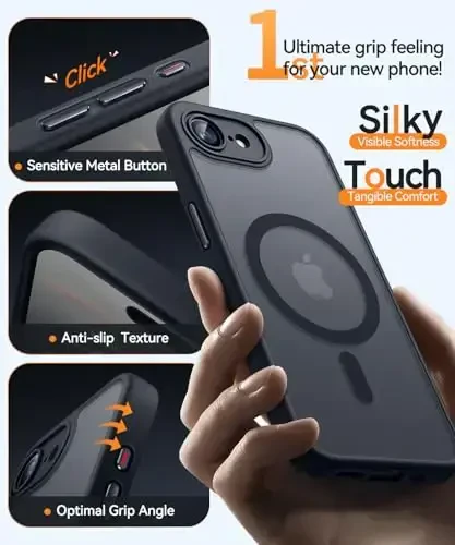 CANSHN Magnetic for iPhone 16e Case, Upgraded [Full Camera Protection] [Compatible with Magsafe] [Translucent Matte] Shockproof Protective Phone Case for iPhone 16e - Black - 5