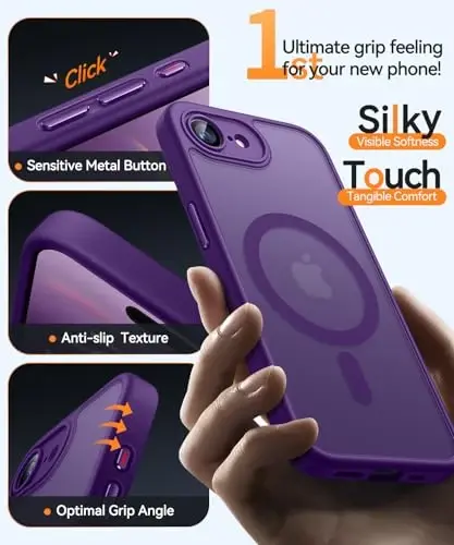 CANSHN Magnetic for iPhone 16e Case, Upgraded [Full Camera Protection] [Compatible with Magsafe] [Translucent Matte] Shockproof Protective Phone Case for iPhone 16e - Deep Purple - 5