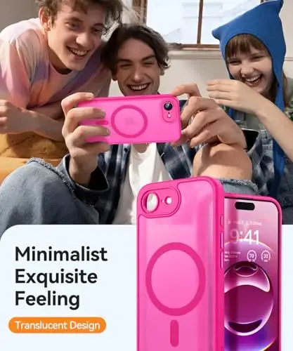 CANSHN Magnetic for iPhone 16e Case, Upgraded [Full Camera Protection] [Compatible with Magsafe] [Translucent Matte] Shockproof Protective Phone Case for iPhone 16e - Hot Pink - 7