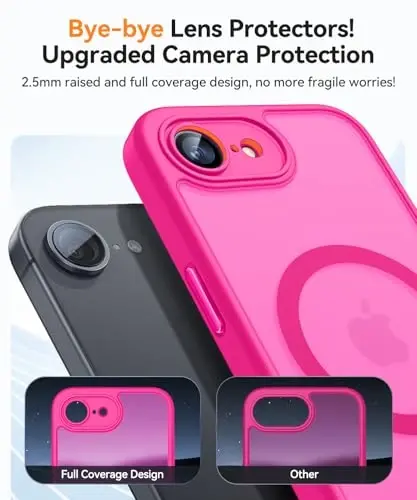 CANSHN Magnetic for iPhone 16e Case, Upgraded [Full Camera Protection] [Compatible with Magsafe] [Translucent Matte] Shockproof Protective Phone Case for iPhone 16e - Hot Pink - 3