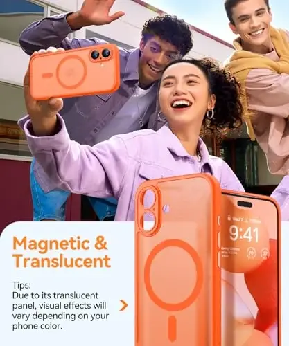 CANSHN Magnetic for iPhone 17 Case, Upgraded [Full Camera Protection] [Compatible with Magsafe] [Translucent Matte] Shockproof Protective Phone Case for iPhone 17 - Orange - 4