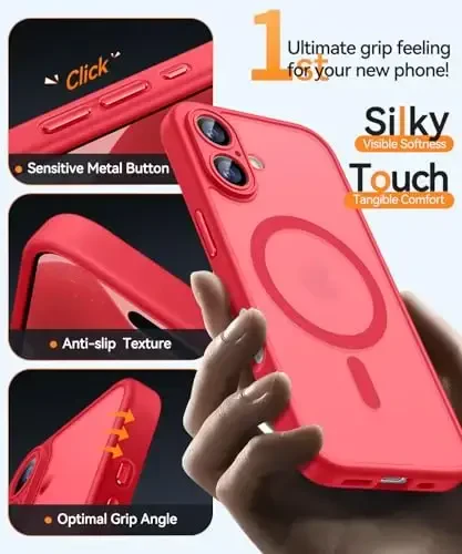 CANSHN Magnetic for iPhone 17 Case, Upgraded [Full Camera Protection] [Compatible with Magsafe] [Translucent Matte] Shockproof Protective Phone Case for iPhone 17 - Red - 7
