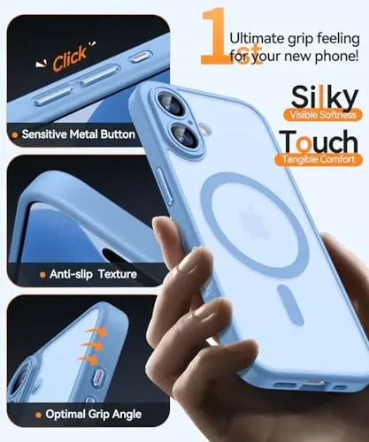 CANSHN Magnetic for iPhone 17 Case, Upgraded [Full Camera Protection] [Compatible with Magsafe] [Translucent Matte] Shockproof Protective Phone Case for iPhone 17 - Light Blue - 7