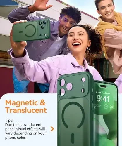 CANSHN iPhone 17 Pro g'ilofi bilan magnit mos, yangilangan [To'liq kamera himoyasi] [Magsafe bilan mos] [Shaffof mat] Zarbalarga chidamli himoya telefon qopqog'i 6,3 dyuym - To'q yashil - 6