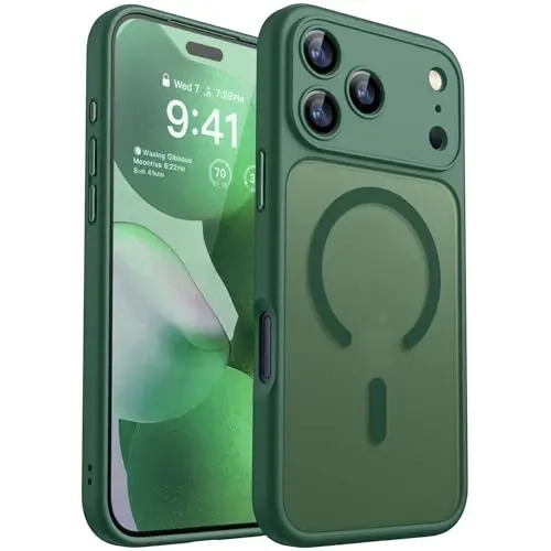 CANSHN iPhone 17 Pro g'ilofi bilan magnit mos, yangilangan [To'liq kamera himoyasi] [Magsafe bilan mos] [Shaffof mat] Zarbalarga chidamli himoya telefon qopqog'i 6,3 dyuym - To'q yashil - 1