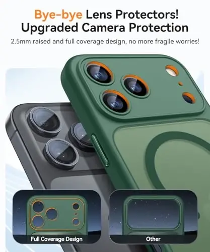 CANSHN iPhone 17 Pro g'ilofi bilan magnit mos, yangilangan [To'liq kamera himoyasi] [Magsafe bilan mos] [Shaffof mat] Zarbalarga chidamli himoya telefon qopqog'i 6,3 dyuym - To'q yashil - CANSHN (1)
