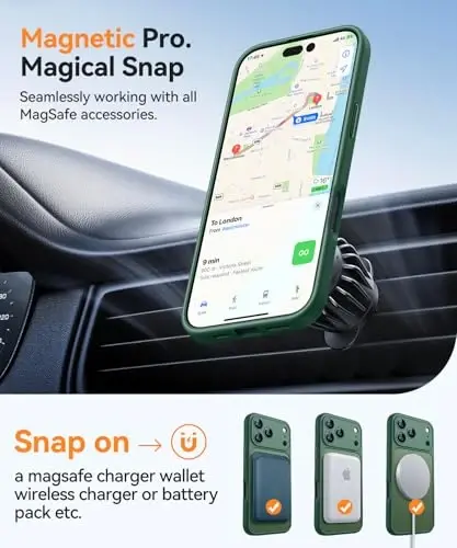 CANSHN iPhone 17 Pro g'ilofi bilan magnit mos, yangilangan [To'liq kamera himoyasi] [Magsafe bilan mos] [Shaffof mat] Zarbalarga chidamli himoya telefon qopqog'i 6,3 dyuym - To'q yashil - 3