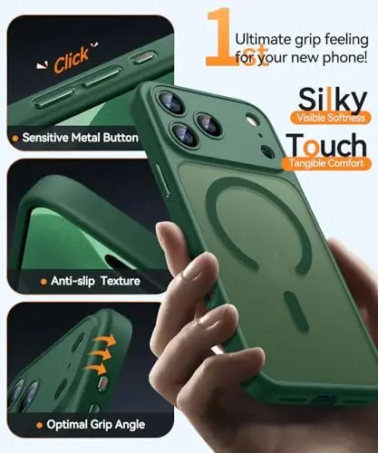 CANSHN iPhone 17 Pro g'ilofi bilan magnit mos, yangilangan [To'liq kamera himoyasi] [Magsafe bilan mos] [Shaffof mat] Zarbalarga chidamli himoya telefon qopqog'i 6,3 dyuym - To'q yashil - 4