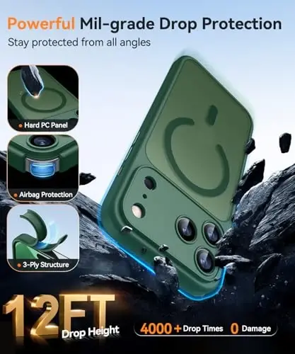 CANSHN iPhone 17 Pro g'ilofi bilan magnit mos, yangilangan [To'liq kamera himoyasi] [Magsafe bilan mos] [Shaffof mat] Zarbalarga chidamli himoya telefon qopqog'i 6,3 dyuym - To'q yashil - 5