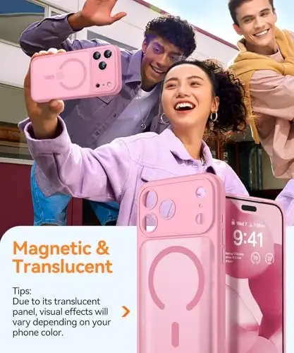 CANSHN Magnetic Compatible with iPhone 17 Pro Case, Upgraded [Full Camera Protection] [Compatible with Magsafe] [Translucent Matte] Shockproof Protective Phone Cover 6.3 Inch - Pink - 3