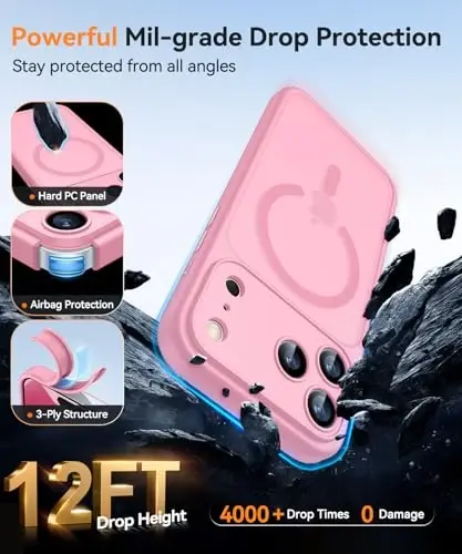 CANSHN Magnetic Compatible with iPhone 17 Pro Case, Upgraded [Full Camera Protection] [Compatible with Magsafe] [Translucent Matte] Shockproof Protective Phone Cover 6.3 Inch - Pink - 7