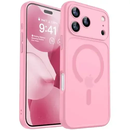 CANSHN Magnetic Compatible with iPhone 17 Pro Case, Upgraded [Full Camera Protection] [Compatible with Magsafe] [Translucent Matte] Shockproof Protective Phone Cover 6.3 Inch - Pink - CANSHN