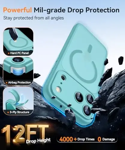 CANSHN Magnetic Compatible with iPhone 17 Pro Case, Upgraded [Full Camera Protection] [Compatible with Magsafe] [Translucent Matte] Shockproof Protective Phone Cover 6.3 Inch - Teal - 7