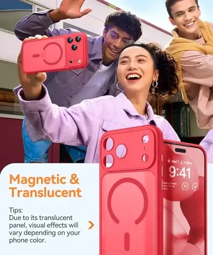 CANSHN Magnetic Compatible with iPhone 17 Pro Case, Upgraded [Full Camera Protection] [Compatible with Magsafe] [Translucent Matte] Shockproof Protective Phone Cover 6.3 Inch - Red - 3