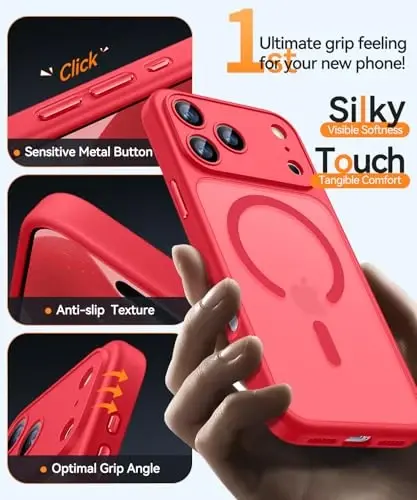 CANSHN Magnetic Compatible with iPhone 17 Pro Case, Upgraded [Full Camera Protection] [Compatible with Magsafe] [Translucent Matte] Shockproof Protective Phone Cover 6.3 Inch - Red - 6