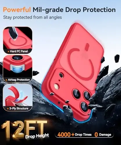CANSHN Magnetic Compatible with iPhone 17 Pro Case, Upgraded [Full Camera Protection] [Compatible with Magsafe] [Translucent Matte] Shockproof Protective Phone Cover 6.3 Inch - Red - 7