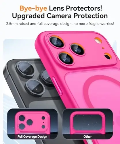 CANSHN Magnetic Compatible with iPhone 17 Pro Case, Upgraded [Full Camera Protection] [Compatible with Magsafe] [Translucent Matte] Shockproof Protective Phone Cover 6.3 Inch - Hot Pink - 3
