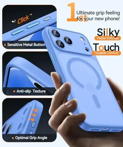 CANSHN iPhone 17 Pro Max uchun magnit bilan mos keladigan g'ilof, yangilangan [To'liq kamera himoyasi] [Magsafe bilan mos] [Yarim shaffof mat] Zarba o'tkazmaydigan himoya telefon qopqog'i 6.9 dyuym - Ultramarin - 5