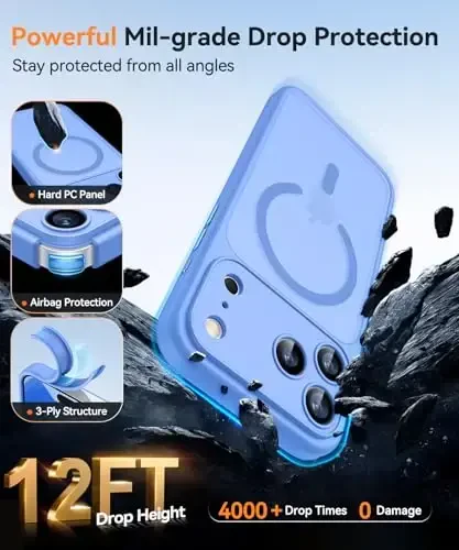 CANSHN iPhone 17 Pro Max uchun magnit bilan mos keladigan g'ilof, yangilangan [To'liq kamera himoyasi] [Magsafe bilan mos] [Yarim shaffof mat] Zarba o'tkazmaydigan himoya telefon qopqog'i 6.9 dyuym - Ultramarin - 6