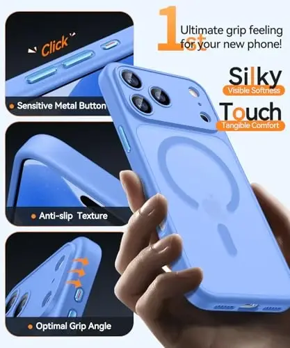 CANSHN iPhone 17 Pro Max uchun magnit bilan mos keladigan g'ilof, yangilangan [To'liq kamera himoyasi] [Magsafe bilan mos] [Yarim shaffof mat] Zarba o'tkazmaydigan himoya telefon qopqog'i 6.9 dyuym - Ultramarin - 5