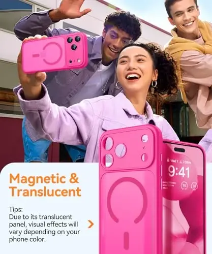 CANSHN iPhone 17 Pro Max uchun magnitli g‘ilof, yangilangan [To‘liq kamera himoyasi] [Magsafe bilan mos] [Yarim shaffof mat] Zarbadan himoya qiluvchi telefon qopqog‘i 6.9 dyuym - To‘q pushti - 3