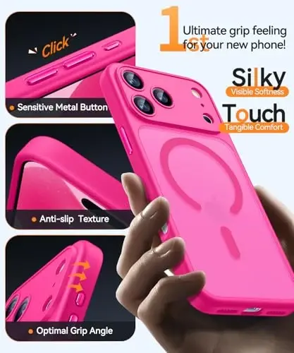 CANSHN iPhone 17 Pro Max uchun magnitli g‘ilof, yangilangan [To‘liq kamera himoyasi] [Magsafe bilan mos] [Yarim shaffof mat] Zarbadan himoya qiluvchi telefon qopqog‘i 6.9 dyuym - To‘q pushti - 6