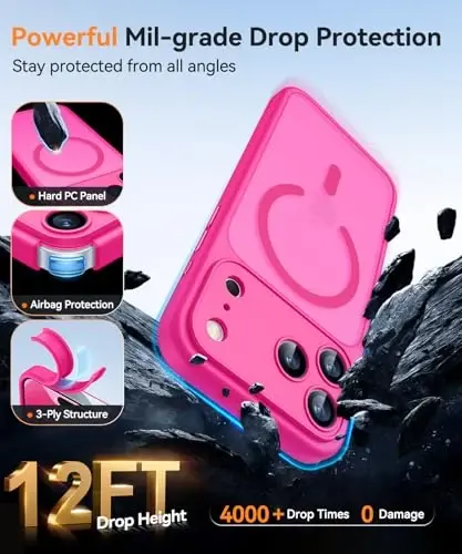 CANSHN iPhone 17 Pro Max uchun magnitli g‘ilof, yangilangan [To‘liq kamera himoyasi] [Magsafe bilan mos] [Yarim shaffof mat] Zarbadan himoya qiluvchi telefon qopqog‘i 6.9 dyuym - To‘q pushti - 7